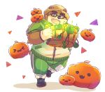  &gt;w&lt; 1boy :3 animal_ears bandaid bandaid_on_face basket bear_boy bear_ears blush commentary_request fang fang_out full_body furry furry_male glasses gloves green-framed_eyewear green_pants hat highres holding holding_basket jack-o&#039;-lantern jacket male_focus natamaru open_mouth pants plump pumpkin simple_background smile solo sparkle straw_hat thick_eyebrows tokyo_afterschool_summoners triangle volos_(housamo) white_background white_gloves 