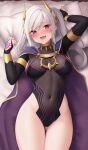  1girl :d absurdres arm_up ass_visible_through_thighs aura_(aurapls) black_leotard blush breasts breasts_apart cape covered_navel eyes_of_grima fang fire_emblem fire_emblem_awakening fire_emblem_heroes grima_(fire_emblem) hair_ornament hand_up highleg highleg_leotard highres leotard long_hair long_sleeves looking_at_viewer lying medium_breasts nose_blush official_alternate_costume on_back on_bed open_mouth pillow red_eyes robin_(fire_emblem) robin_(fire_emblem)_(female) smile solo thigh_gap thighs twintails white_hair 