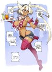  1girl alternate_costume breasts commission cutoffs dark-skinned_female dark_skin english_text front-tie_top glasses highleg highleg_panties highres holding holding_tray kantai_collection kawa-v large_breasts micro_shorts musashi_(kancolle) panties pointy_hair rectangular_eyewear red_eyes red_panties red_thighhighs semi-rimless_eyewear short_hair_with_long_locks shorts solo speech_bubble thighhighs tray twintails underwear waitress white_hair 