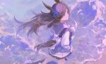  1girl absurdres animal_ears back_bow beach bow brown_hair commentary_request floating_hair flower from_above from_behind hat hat_flower highres hlymoriia horse_ears horse_girl horse_tail long_hair long_sleeves ocean purple_eyes purple_theme rice_shower_(umamusume) sailor_collar school_uniform skirt_hold solo tail tracen_school_uniform umamusume very_long_hair water waves white_bow white_sleeves 