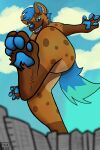  absurd_res anthro blue_eyes blue_pawpads brown_body brown_fur city cloud feet foot_focus fur fwankie hair hi_res hyaenid low-angle_view macro male mammal open_mouth pawpads sky solo spotted_hyena step_pose teeth 
