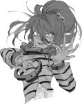  1girl chamaruku cuffs hair_between_eyes hair_ornament hair_tubes highres long_sleeves looking_at_viewer medium_hair miyadeguchi_mizuchi monochrome open_mouth prison_clothes sharp_teeth shirt sidelocks simple_background skull_hair_ornament solo striped striped_shirt teeth touhou upper_body 