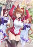  3girls animal_ears arms_up aston_machan_(umamusume) breasts brown_hair buruma commentary_request daiwa_scarlet_(umamusume) dancing hair_over_one_eye highres horse_ears horse_girl jacket long_hair medium_breasts medium_hair multiple_girls nabe_puyo school_uniform short_hair thighhighs tracen_school_uniform track_jacket twintails umamusume vodka_(umamusume) 