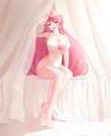  1girl 271 absurdres arm_up bad_feet barefoot blush breasts cleavage curtains full_body hair_bun highres indoors large_breasts long_hair looking_at_viewer luck_&amp;_logic on_bed open_mouth pink_eyes pink_hair sitting smile solo venus_(luck_&amp;_logic) very_long_hair 