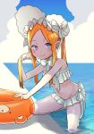  1girl abigail_williams_(fate) abigail_williams_(swimsuit_foreigner)_(fate) bangs bare_arms bare_shoulders bikini bikini_skirt blonde_hair blue_eyes blue_sky bonnet bow bowtie chancop closed_mouth cloud day eyes_visible_through_hair fate/grand_order fate_(series) groin hair_lift hand_up highres innertube long_hair navel orange_innertube outdoors parted_bangs partially_submerged ribs skinny sky smile solo swimsuit water white_bikini white_bow white_bowtie white_headwear 