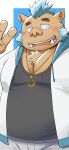  absurd_res anthro belly blue_hair blush brown_body brown_fur fur gesture gouryou hair hi_res jewelry lifewonders male mammal musclegut necklace pecs shiike999 solo suid suina sus_(pig) tokyo_afterschool_summoners tusks v_sign video_games wild_boar 