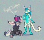  2019 anthro big_ears black_clothing black_legwear black_nose black_sclera black_topwear blep blue_body blue_fur blue_hair blue_pawpads blue_spots canid canine cheek_tuft chest_tuft clothed clothing collar dated duo eyewear facial_tuft featureless_crotch felid female fennec fox fur gift glasses glistening glistening_eyes hair legwear long_hair mammal markings mylafox nude open_mouth open_smile pawpads pink_nose pink_pawpads pink_tongue red_collar round_glasses signature simple_background sitting smile spots spotted_arms spotted_legs standing striped_body striped_fur striped_markings striped_tail stripes tail_markings text tongue tongue_out topwear tuft url white_body white_fur yellow_eyes 