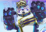  anthro blush canid canine chigiri clothing facial_markings fur hat head_markings headgear headwear hi_res japanese_text lifewonders live-a-hero male mammal markings mecha_fist military_uniform muscular muscular_anthro muscular_male sadayoshi solo text uniform video_games white_body white_fur 