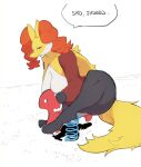  3_toes anonymous_artist anthro awkward black_body black_fur breasts clothing delphox dialogue featureless_breasts feet female fingers fluffy fur generation_6_pokemon hi_res humor inner_ear_fluff legwear long_tail looking_at_viewer mammal mature_female medium_breasts mocking multicolored_body multicolored_fur narrowed_eyes nintendo open_mouth pokemon pokemon_(species) reaction_image red_body red_fur riding_toy simple_background solo talking_to_viewer text thigh_highs toes too_big toy tuft uncomfortable_pose video_games white_body white_fur yellow_body yellow_fur 