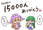  2girls american_flag_dress american_flag_pants arm_up arms_up bangs bare_shoulders barefoot blonde_hair blue_skirt blush_stickers chibi clownpiece collared_shirt commentary_request detached_sleeves dress fairy_wings food frog_hair_ornament full_body green_eyes green_hair hair_between_eyes hair_ornament hair_tubes hand_up hands_up hat heart highres jester_cap kochiya_sanae long_hair long_sleeves looking_at_another multiple_girls neck_ruff no_shoes open_mouth pants polka_dot purple_headwear red_eyes shirt shitacemayo short_sleeves simple_background skirt smile snake_hair_ornament speech_bubble standing star_(symbol) star_print striped striped_dress striped_pants tongue touhou translation_request transparent_wings very_long_hair white_background white_shirt wide_sleeves wings 