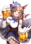  1girl :d absurdres alcohol animal_ears bare_shoulders beer beer_mug blush bow bowtie breasts brown_hair cabbie_hat cup dirndl dress drink ear_piercing german_clothes hair_ornament hairclip happy hat highres holding holding_drink horse_ears horse_girl horse_tail large_breasts looking_at_viewer matikane_tannhauser_(umamusume) medium_hair mug multicolored_hair open_mouth piercing simple_background smile solo streaked_hair tail tsujiya_okuyasu umamusume white_background yellow_eyes 