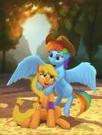 absurd_res applejack_(mlp) blonde_hair blue_body blue_feathers blue_fur clothing cowboy_hat cutie_mark digital_media_(artwork) duo earth_pony embrace equid equine feathered_wings feathers female feral flying friendship_is_magic fur gouransion green_eyes hair happy hasbro hat headgear headwear hi_res horse hug looking_down looking_up mammal multicolored_hair multicolored_tail my_little_pony open_mouth open_smile orange_body orange_fur outside pegasus pink_eyes plant pony rainbow_dash_(mlp) rainbow_hair rainbow_tail sitting smile spread_wings tree wings yellow_tail 