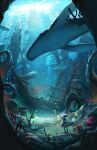  1girl blue_theme coral day english_commentary fantasy fish highres jellyfish manta_ray mast ocean original outdoors ruins scenery school_of_fish ship sunken sunlight tooaya underwater watercraft whale 