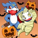  anthro bandai_namco blue_body cape clothing digimon digimon_(species) digimon_ghost_game duo gammamon halloween hi_res holidays male mummy_costume mummy_wrappings red_eyes soukouryu vampire_costume veemon white_body yellow_eyes 