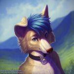 1:1 2019 ambiguous_gender anthro blue_eyes blue_hair blue_sky blurred_background bust_portrait canid cheek_tuft cloud dated facial_tuft floppy_ears fur glistening glistening_eyes hair hi_res looking_at_viewer mammal mountain mylafox nude outside portrait short_hair signature sky solo tan_body tan_fur text tuft url white_body white_fur 