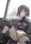  1girl black_hair blue_archive blue_eyes blurry boots cameltoe clothes_lift depth_of_field erory6_(ro) highres knee_pads midriff navel panties saki_(blue_archive) shirt_lift short_hair spread_legs sweat underwear wet wet_clothes 