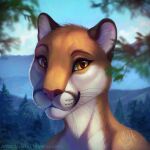  1:1 2019 anthro blue_sky blurred_background blurred_foreground brown_nose bust_portrait closed_smile dated depth_of_field eyelashes felid female fur glistening glistening_eyes head_tuft hi_res looking_at_viewer mammal mouth_closed mylafox orange_body orange_fur outside pink_nose plant portrait signature sky solo text tree tuft url white_body white_fur yellow_eyes 