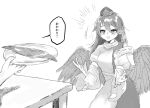  1girl bangs blush breasts feathered_wings greyscale hat holding holding_plate iizunamaru_megumu long_hair long_sleeves monochrome novadada plate pointy_ears smile solo tokin_hat touhou translation_request wings 