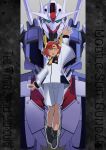  1girl ahoge arm_up asticassia_school_uniform bangs black_hairband blue_eyes boots commentary_request copyright_name english_text full_body green_eyes gundam gundam_aerial gundam_suisei_no_majo hairband highres looking_at_viewer mecha mobile_suit red_hair reibun_(raven1119) robot school_uniform shorts smile suletta_mercury thick_eyebrows upper_body v-fin 