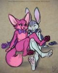  2019 anthro blue_body blue_cape blue_fur canid canine closed_smile colored_sketch crossed_legs dated duo eyes_closed female fennec fox fur glistening glistening_eyes hair hi_res lagomorph leporid mammal mostly_nude mouth_closed mylafox open_mouth open_smile pink_body pink_fur pink_hair purple_cape purple_eyes rabbit short_hair signature simple_background sitting sketch smile text url 