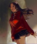  1girl alternate_costume arms_at_sides black_skirt blue_eyes breasts brown_hair choker drawstring dutch_angle fate/stay_night fate_(series) from_below hood hoodie long_hair looking_at_viewer medium_breasts parted_lips red_hoodie skirt solo teeth thighs tohsaka_rin ubwmitekure upper_teeth 