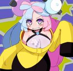  bow-shaped_hair character_hair_ornament hair_ornament hexagon_print iono_(pokemon) jacket long_hair low-tied_long_hair miyazero oversized_clothes pokemon pokemon_(game) pokemon_sv sharp_teeth shirt single_leg_pantyhose sleeveless sleeveless_shirt sleeves_past_fingers sleeves_past_wrists star_(symbol) star_in_eye symbol_in_eye teeth very_long_sleeves x yellow_jacket 