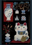  artist_name black_background bonsai commentary english_commentary highres ivy_teas maneki-neko no_humans original plant porcelain potted_plant still_life vase watering_can 