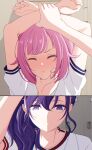  2girls arimon_(dfrgty12) arms_up asahina_mafuyu closed_eyes closed_mouth female_pov grabbing_another&#039;s_chin hand_on_another&#039;s_chin highres multiple_girls ootori_emu pink_hair pinned pov project_sekai purple_eyes purple_hair restrained sweatdrop yuri 