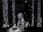  2022 anthro campfire clothed clothing disney fire forest fully_clothed hi_res inktober_2022 jack_savage lagomorph leporid mammal monochrome plant rabbit sitting theblueberrycarrots traditional_media_(artwork) tree zootopia 