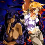  1980s_(style) 2girls absurdres arm_behind_back bangs black_hair blonde_hair blue_eyes breasts brown_eyes brown_pants cleavage collared_shirt colored_inner_hair commission dark-skinned_female dark_skin dual_persona english_commentary hair_behind_ear hair_over_one_eye hand_on_own_chest highres hinomars19 holding_own_arm huge_breasts long_hair looking_to_the_side medium_breasts multicolored_hair multiple_girls off-shoulder_shirt off_shoulder original pants parted_lips ponytail purple_shirt red_hair retro_artstyle second-party_source shirt very_long_hair white_shirt 