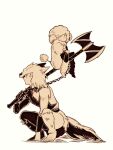  1boy 1girl animal_costume axe beastmaster_(final_fantasy) berserker_(final_fantasy) butz_klauser final_fantasy final_fantasy_v krile_mayer_baldesion monochrome pelt saito_piyoko sheep_costume squatting wolf_pelt 