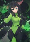  1girl absurdres animal_ears animification arm_up asymmetrical_gloves black_bodysuit black_gloves black_hair bodysuit breasts closed_mouth commission copyright_request cosplay fox_ears fox_girl fox_tail gloves glowing green_bodysuit green_eyes green_gloves groin highres hinata_(user_rjkt4745) jack-o&#039;-lantern kim_possible long_hair looking_at_viewer medium_breasts mismatched_gloves multicolored_bodysuit multicolored_clothes pixiv_request shego shego_(cosplay) smile solo tail very_long_hair virtual_youtuber 