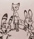  2022 absurd_res anthro buckteeth canid canine clothed clothing disney fox fully_clothed gesture group hi_res inktober_2022 jack_savage judy_hopps lagomorph leporid looking_at_viewer mammal meme monochrome nick_wilde open_mouth pointing pointing_at_another rabbit red_fox shirt t-shirt teeth theblueberrycarrots topwear traditional_media_(artwork) trio zootopia 