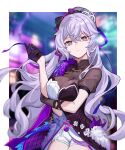  1girl bangs black_gloves blurry blurry_background breasts bronya_zaychik bronya_zaychik_(silverwing:_n-ex) cleavage depth_of_field gloves grey_eyes grey_hair hair_between_eyes half_gloves hand_up highres honkai_(series) honkai_impact_3rd long_hair looking_at_viewer medium_breasts official_alternate_costume puffy_short_sleeves puffy_sleeves short_shorts short_sleeves shorts sin_(btc86amme) solo very_long_hair white_shorts 