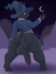  absurd_res anthro anubian_jackal backsack balls big_balls big_butt big_penis black_body blush bottomless butt butt_slap cake_top canid canine canis clothed clothing crescent_moon detailed_background digital_media_(artwork) foreskin genitals hat headgear headwear hi_res huge_balls humanoid_genitalia humanoid_penis jackal looking_at_viewer magic_jackal male mammal moon penis presenting raised_tail slap smile solo text 