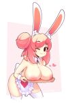  1girl ;3 animal_ear_fluff animal_ears apron breasts breasts_on_tray commentary detached_collar english_commentary fiz_(fizintine) fizintine hair_bun heart highres large_breasts looking_at_viewer medium_hair naked_apron nipples no_pupils one_eye_closed original pink_background pink_hair rabbit_ears rabbit_girl rabbit_tail simple_background single_side_bun smile solo tail thighhighs topless tray waist_apron white_thighhighs wrist_cuffs 