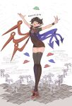  1girl asymmetrical_wings black_dress black_hair closed_eyes dress full_body highres houjuu_nue novadada outstretched_arms red_footwear shoes short_dress short_hair short_sleeves solo standing thighhighs touhou translation_request ufo wings zettai_ryouiki 