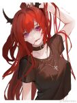  1girl arknights bangs belt_collar breasts collar eyebrows_hidden_by_hair hair_between_eyes hair_in_mouth heisehaidaitang highres horns jewelry long_hair looking_at_viewer mouth_hold necklace pink_hair red_hair shirt simple_background solo upper_body white_background 