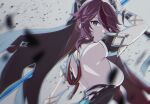  1girl backless_outfit bangs bare_back bare_shoulders breasts commentary_request elbow_gloves genshin_impact gloves grey_background grey_eyes habit highres large_breasts looking_at_viewer medium_hair mizuamememe purple_hair rosaria_(genshin_impact) simple_background solo upper_body white_gloves 
