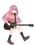  1girl :d absurdres bangs black_skirt black_socks blue_eyes bocchi_the_rock! brown_footwear electric_guitar full_body gar32 gotou_hitori grey_background guitar hair_between_eyes hair_cubes hair_ornament highres holding holding_instrument instrument jacket loafers long_sleeves looking_at_viewer one_side_up pink_hair pink_jacket pleated_skirt shoes simple_background sitting skirt smile socks solo track_jacket 