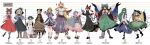  6+girls absurdres animal_ears black_hair blonde_hair boots bow breasts brown_hair cape cat_ears dress frills full_body green_hair hair_bow hair_ribbon hakurei_reimu hat height_chart highres horns hoshiguma_yuugi kaenbyou_rin kirisame_marisa kisume kochiya_sanae komeiji_koishi komeiji_satori kurodani_yamame long_hair long_sleeves looking_at_viewer mizuhashi_parsee multiple_girls novadada oni open_mouth pink_hair red_eyes reiuji_utsuho ribbon shirt shoes short_hair single_horn skirt smile socks weapon yellow_eyes 