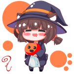  1girl :d animal_ear_fluff animal_ears azur_lane bangs black_footwear black_headwear black_robe blush brown_hair cat_ears chibi closed_eyes drooling ears_through_headwear facing_viewer full_body grey_pantyhose halloween hat kurukurumagical long_sleeves mouth_drool mutsuki_(azur_lane) mutsuki_face pantyhose robe shoes simple_background smile solo standing white_background wide_sleeves witch_hat 