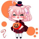  &gt;_&lt; 1girl ahoge animal_ears azur_lane bangs black_cape black_footwear black_headwear blush candy_hair_ornament cape chibi closed_eyes dog_ears fang food-themed_hair_ornament full_body hair_between_eyes hair_ornament halloween hat holding jack-o&#039;-lantern kurukurumagical mini_hat mini_top_hat open_mouth pink_hair red_skirt shoes simple_background skirt solo standing thighhighs top_hat uzuki_(azur_lane) white_background white_thighhighs 