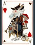  1other ace_of_hearts alice_in_wonderland animal animal_focus artist_name black_headwear bugle card clothed_animal commentary diamond_(shape) english_commentary hat heart highres holding holding_instrument instrument ivy_teas juliet_sleeves long_sleeves mushroom no_humans playing_card pocket_watch puffy_sleeves rabbit red_eyes red_mushroom sleeve_cuffs solo spade_(shape) standing watch white_rabbit_(alice_in_wonderland) 