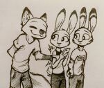  2022 absurd_res anthro canid canine cellphone clothed clothing disney eyes_closed fox fully_clothed group hi_res holding_cellphone holding_object holding_phone inktober_2022 jack_savage judy_hopps lagomorph leporid mammal monochrome nick_wilde phone rabbit red_fox shirt smile t-shirt theblueberrycarrots topwear traditional_media_(artwork) trio zootopia 
