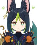  1boy animal_ear_fluff animal_ears black_hair fox_boy fox_ears fox_tail genshin_impact gloves green_eyes green_hair green_tail hair_between_eyes hood male_focus multicolored_hair orange_gloves panri short_hair tail tighnari_(genshin_impact) 