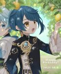  2boys 2girls blue_eyes blue_hair chinese_clothes chongyun_(genshin_impact) earrings food frilled_shirt_collar frills fruit genshin_impact highres hood jewelry lemon lime_(fruit) long_coat long_sleeves male_focus multiple_boys multiple_girls open_mouth panri short_hair single_earring smile xingqiu_(genshin_impact) yellow_eyes 