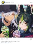  2boys animal_ears ari_(bleum) black_hair black_headwear black_shirt closed_mouth cup cyno_(genshin_impact) dark-skinned_male dark_skin drinking drinking_glass fox_ears genshin_impact green_eyes green_hair grey_hair hair_between_eyes hair_over_one_eye hat highres hood hoodie low_ponytail male_focus multicolored_hair multiple_boys red_eyes shirt smile streaked_hair tighnari_(genshin_impact) translation_request 