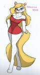  animaniacs anthro big_breasts blonde_hair blush blush_lines breasts clothing dress female fluffy fluffy_tail grey_eyes hair hi_res long_hair mammal minerva_mink mink mustelid musteline neck_tuft pace-maker red_clothing red_dress solo text thick_thighs true_musteline tuft warner_brothers 