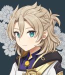  1boy albedo_(genshin_impact) blonde_hair closed_mouth coat flower genshin_impact green_eyes jacket long_hair male_focus panri smile vision_(genshin_impact) 